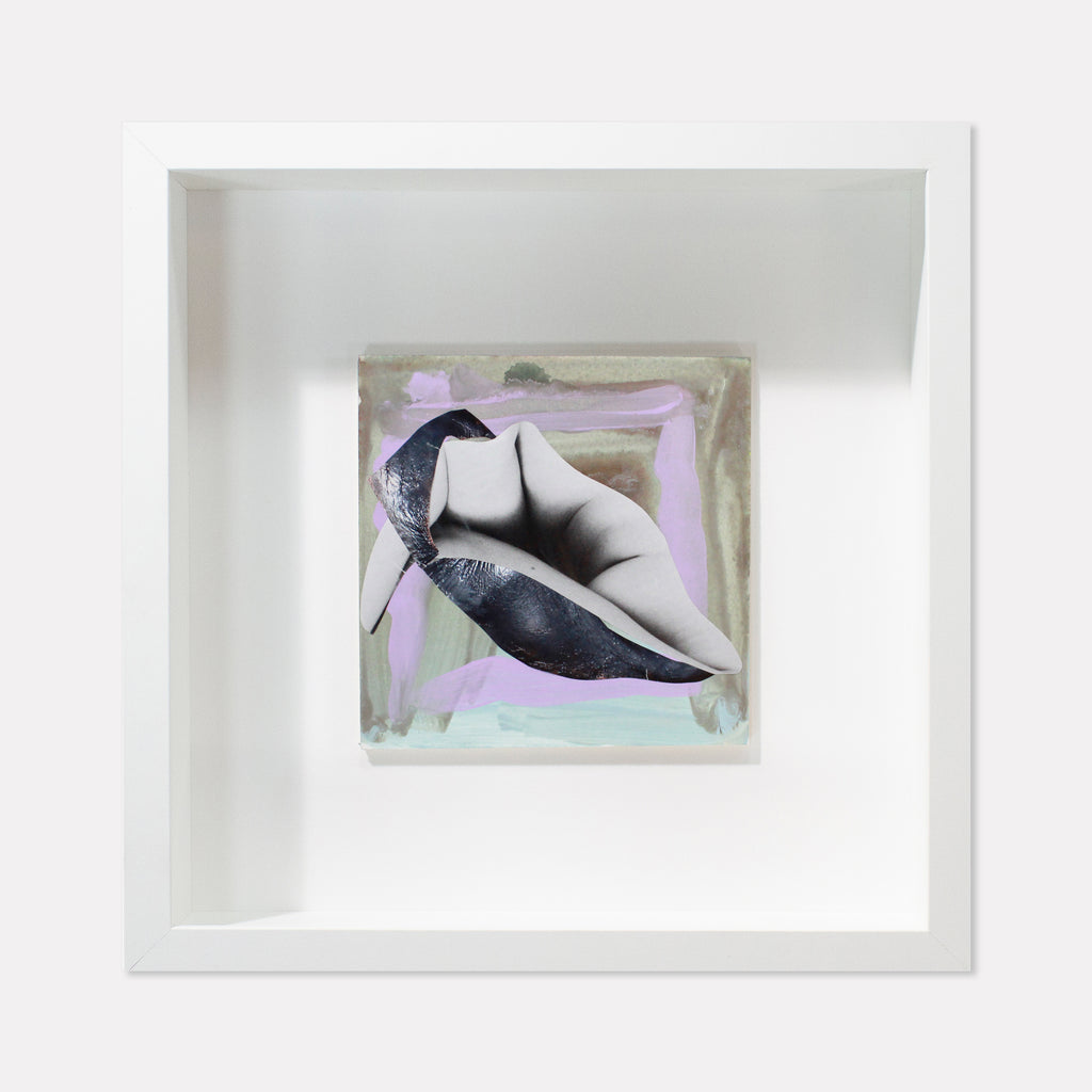 The artwork 'Fragment#04' by Winnie Sidharta features a striking monochromatic collage with abstract curves in black and white, set against a soft pastel background with hints of lavender and mint green. The mixed media piece combines watercolor washes with magazine cutouts, displayed in a crisp white frame. 5x5 inches panel artwork showcasing contemporary mixed media techniques.