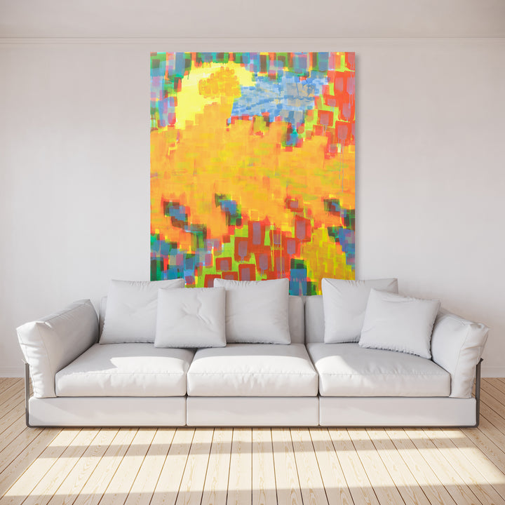 The artwork 'Dinos in Passing at Moon's Height (pointillist version)' by Til Will features a vibrant abstract composition created through pointillism technique. Bold yellow and orange dominate the canvas, with scattered blue and green pixel-like marks creating dynamic movement. The acrylic painting showcases a mosaic-style pattern, reminiscent of digital pixelation, displayed above a modern white sofa. By Til Will.