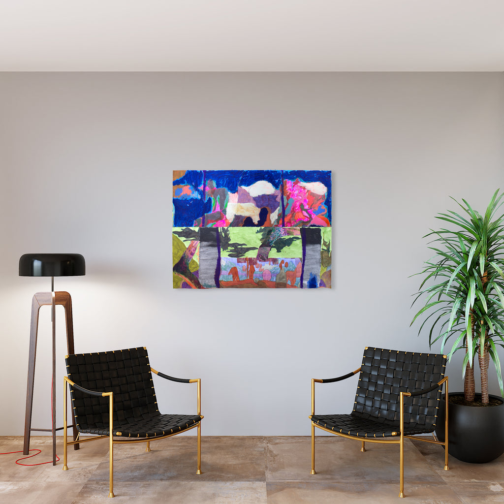 The artwork 'Entrance#2' by Winnie Sidharta features a vibrant abstract collage combining bright blue skies with floating pink clouds, contrasting against lime green horizontal bands. Mixed media composition showcases dynamic brushstrokes in watercolor and acrylic, creating layers of textural depth on paper mounted on panel. Bold color blocks create a modern, energetic landscape-inspired aesthetic.