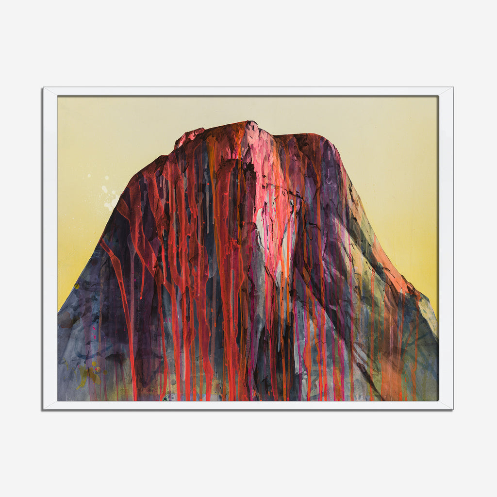 The artwork 'Molten Mountain' by Theresa Bloise depicts a dramatic mountain peak with vibrant red and coral streaks cascading down its dark purple face, rendered in fluid acrylic drips against a warm yellow sky. The abstract expressionist style captures the essence of volcanic activity through bold brushstrokes and dynamic color contrasts. 22x30 inches acrylic on paper by Theresa Bloise.