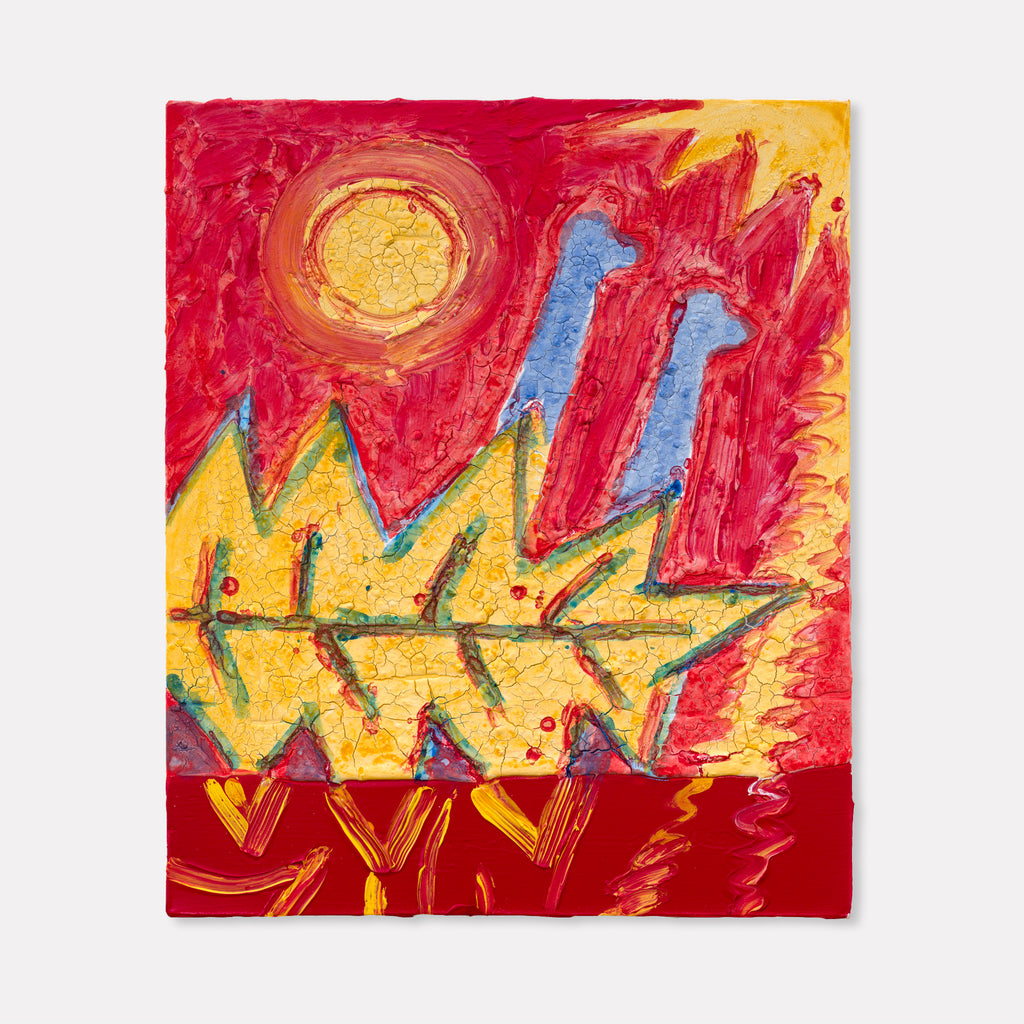 The artwork 'Dinos in Passing at Moon's Height' by Til Will features abstracted dinosaur silhouettes in bright blue against a vibrant red sky, with a glowing yellow sun and geometric mountain forms. Textured acrylic brushstrokes create dynamic movement across the 25x21 inch canvas, expressing a whimsical prehistoric scene through bold contemporary style. - Til Will