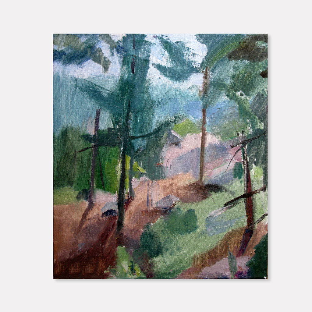 The artwork 'Green Mountain Falls, CO' by Peter Colquhoun captures a misty forest landscape with tall pine trees rising through layers of emerald and sage greens. Loose, expressive brushstrokes depict a sloping terrain in earthy browns and soft blues, showcasing an impressionistic oil painting style on linen canvas.