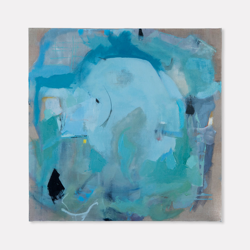 The artwork 'Said and Done:we breathe' by Gail Winbury features an abstract composition dominated by ethereal turquoise and aqua blue brushstrokes against a neutral gray linen background. Fluid, organic shapes swirl across the canvas, with touches of black and subtle yellow accents. The oil paint application creates varying textures, enhanced by delicate silk thread embellishments, creating a dreamlike, atmospheric effect.