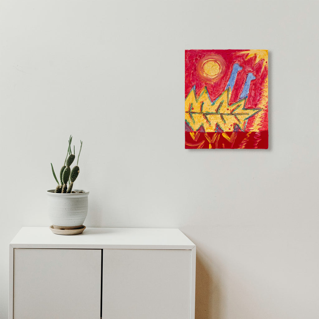 The artwork 'Dinos in Passing at Moon's Height' by Til Will features vibrant abstract dinosaur silhouettes rendered in golden yellow against a fiery red background. Two striking blue vertical forms contrast with a glowing orange sun, creating a textured, energetic composition. Acrylic on canvas, showcasing bold brushstrokes and dynamic movement.