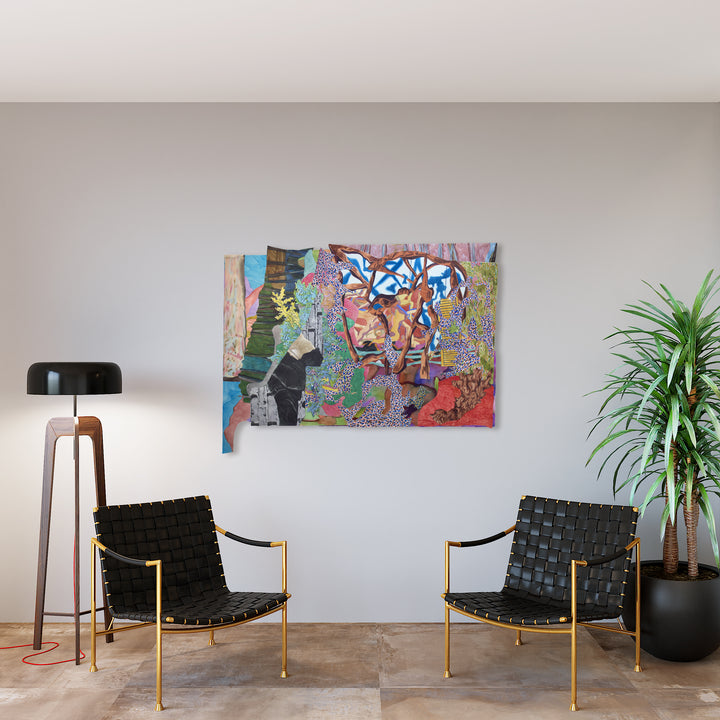 The artwork 'Entrance#1' by Winnie Sidharta features a vibrant collage of watercolor paintings unified on paper. Abstract geometric patterns blend with organic shapes in shades of turquoise, coral, purple, and earth tones. Textural elements and dynamic brushstrokes create a layered composition with intricate details and expressive markings, displayed in a modern interior setting with 59x39 inch dimensions.