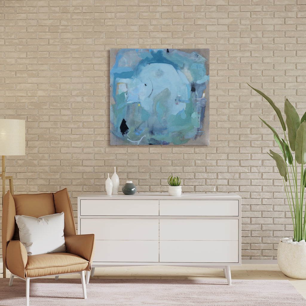 The artwork 'Said and Done:we breathe' by Gail Winbury features abstract expressionist composition in soothing aqua, turquoise, and pale blue tones swirling across linen canvas. Delicate silk thread embellishments add texture, while organic shapes and fluid brushstrokes create a tranquil, atmospheric effect. Oil paint application varies from translucent washes to bold gestures in this 38x38 inch piece.