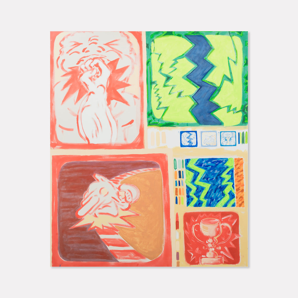 Macho Painting (first version) by Til Will: Abstract acrylic composition featuring geometric compartments with vibrant coral, green, and blue sections. Bold zigzag patterns and dynamic lightning bolt motifs create energy across the canvas. Stylized figures in coral and brown panels complement abstract design elements. The artwork combines soft brushstrokes with sharp geometric forms.