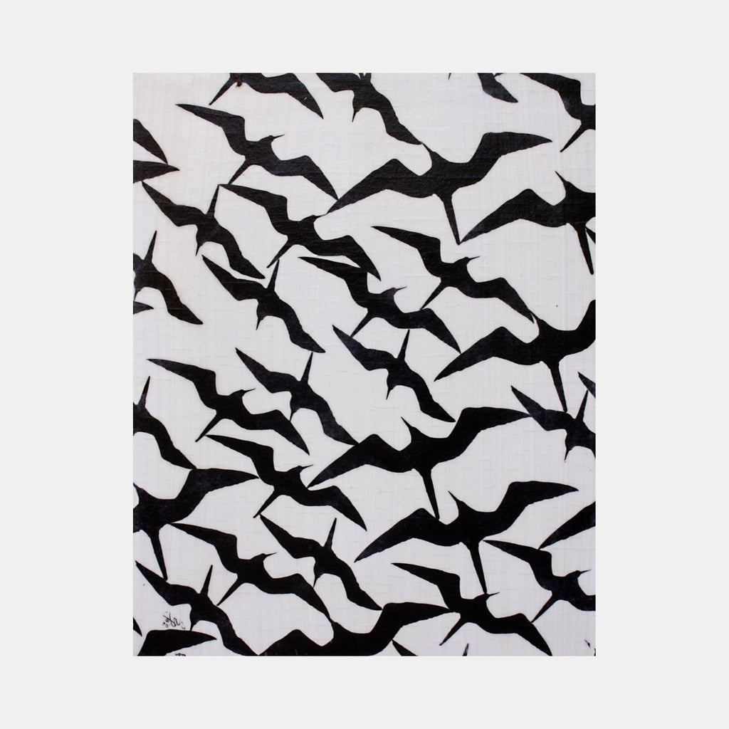 The artwork 'Frigate' by Aaron Hillebrand features a striking black and white pattern of abstract bird-like shapes in flight, arranged in a dynamic diagonal composition. Bold black silhouettes contrast against a white background, creating a rhythmic pattern reminiscent of migrating birds. Mixed media on wood panel creates textural depth and movement in this minimalist design.
