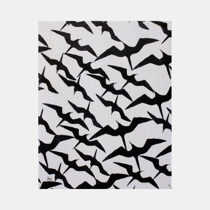 The artwork 'Frigate' by Aaron Hillebrand features a striking black and white pattern of abstract bird-like shapes in flight, arranged in a dynamic diagonal composition. Bold black silhouettes contrast against a white background, creating a rhythmic pattern reminiscent of migrating birds. Mixed media on wood panel creates textural depth and movement in this minimalist design.