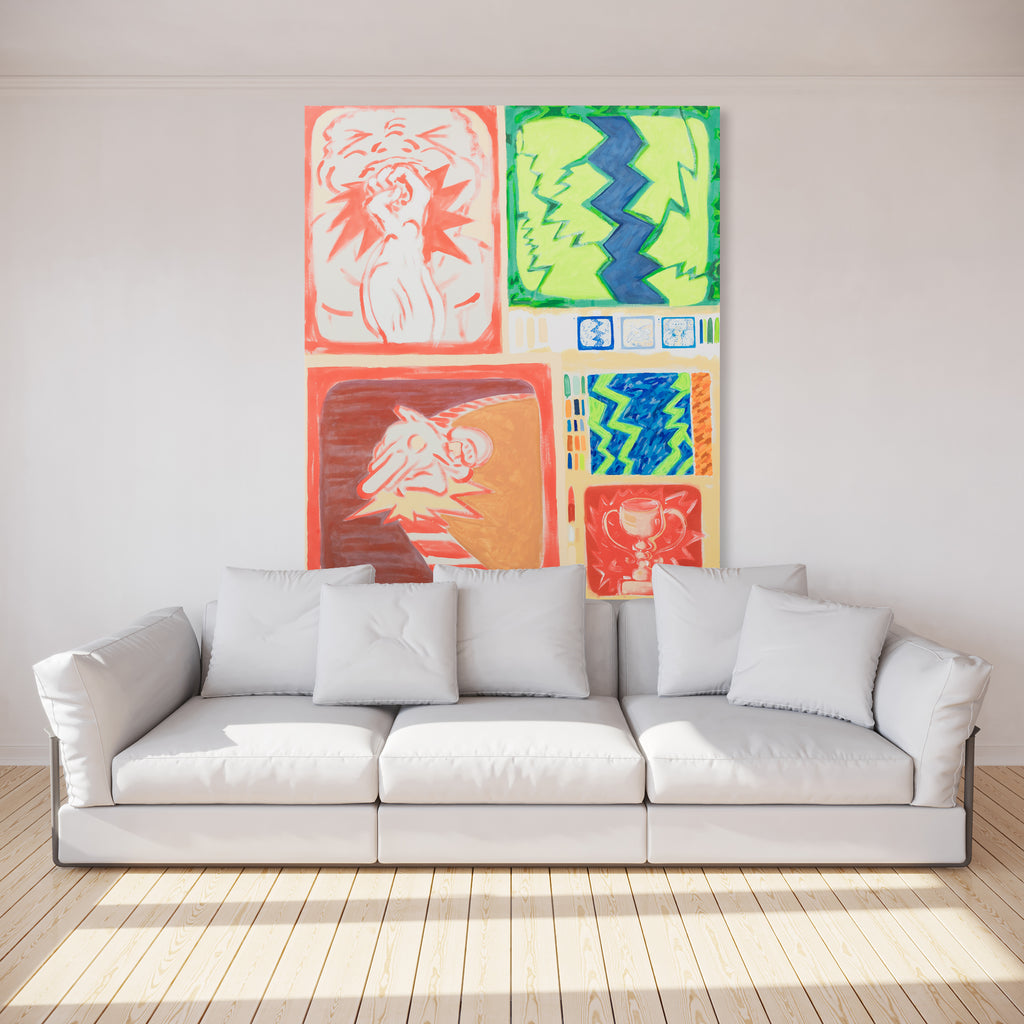 Macho Painting by Til Will features a vibrant collection of abstract panels arranged gallery-style above a sofa. The artwork combines coral pink and electric green hues with bold zigzag patterns and gestural brushstrokes. The acrylic on canvas composition shows dynamic energy through lightning-like motifs and expressive forms arranged in a geometric grid layout. 75x63 inches by Til Will.