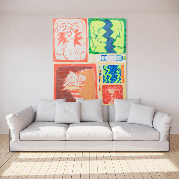 Macho Painting by Til Will features a vibrant collection of abstract panels arranged gallery-style above a sofa. The artwork combines coral pink and electric green hues with bold zigzag patterns and gestural brushstrokes. The acrylic on canvas composition shows dynamic energy through lightning-like motifs and expressive forms arranged in a geometric grid layout. 75x63 inches by Til Will.