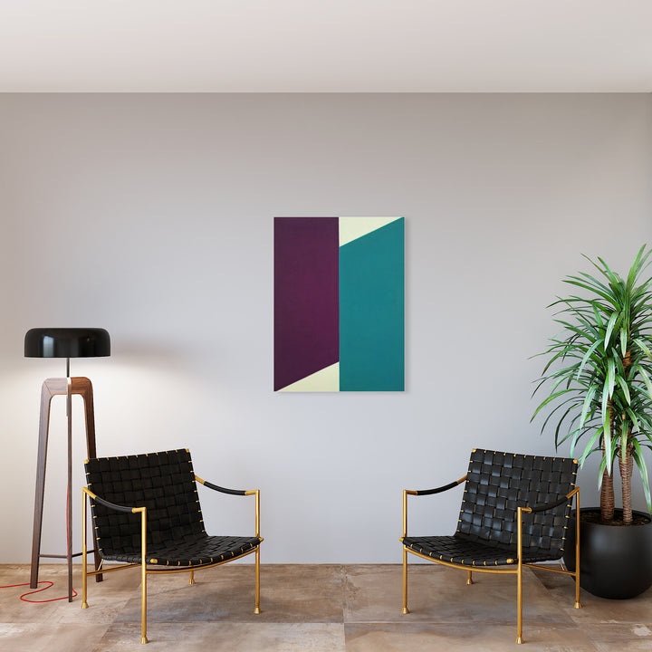 The artwork 'Conflict (Diptych)' by Shyun Song features a striking geometric composition of two rectangular panels. The left panel displays a deep purple hue while the right panel combines turquoise and cream colors in a diagonal split, creating a bold minimalist aesthetic. The oil on canvas piece measures 40x30 inches and exemplifies contemporary abstract design principles.