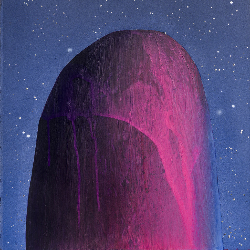 The artwork 'Pink Mountain' by Theresa Bloise features a dramatic mountain peak rendered in vibrant magenta and deep purple against a starlit indigo sky. The mountain's surface is enhanced with silver leaf accents, creating a luminous effect. The acrylic painting showcases a minimalist composition with ethereal cosmic elements, capturing a mystical mountainscape at twilight.