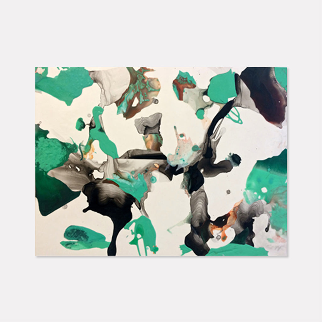The artwork 'Scully's Torch Bleached' by Linda Lee Nicholas features an abstract composition with dynamic splashes of emerald green and deep black paint against a white background. The acrylic painting on clayboard showcases fluid, organic forms with dramatic contrasts and spontaneous movement reminiscent of fluid art techniques. The 18x24 inch piece displays bold paint manipulation and ethereal blending.