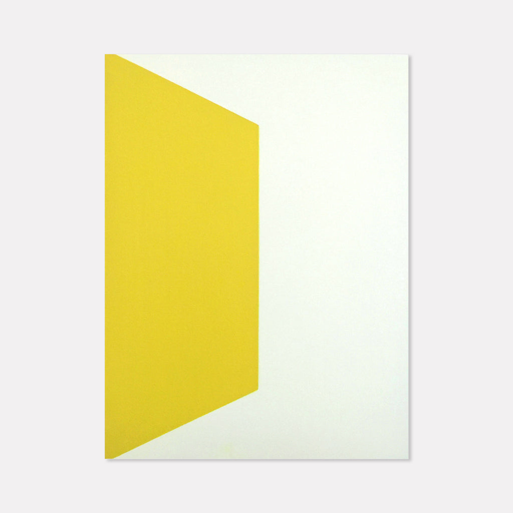 The artwork 'Progress (Diptych)' by Shyun Song features a minimalist geometric composition with a bold yellow angular shape against a pristine white background, creating a striking contrast and sense of depth through clean lines and flat color application. Oil on canvas, 40x30 inches.