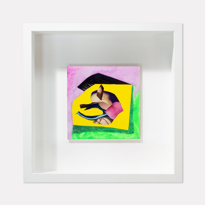The artwork 'Fragment#07' by Winnie Sidharta features abstract collage elements on a 5x5 inch panel, combining magazine cutouts with watercolor. A bold yellow geometric shape dominates the center, surrounded by vibrant pink and green backgrounds. The collage includes abstract facial features arranged in a contemporary, deconstructed style, using mixed media techniques.