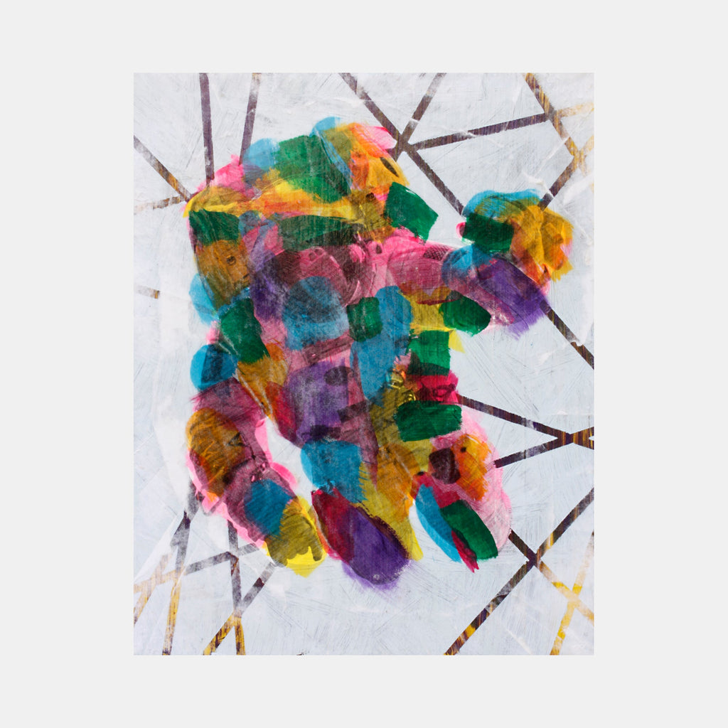 The artwork 'Laser Spaceman' by Aaron Hillebrand features a vibrant abstract silhouette composed of overlapping translucent colors including turquoise, magenta, yellow, and purple against a white background with intersecting diagonal brown lines. The mixed media piece combines acrylic paint and photo transfer techniques on wood panel creating a dynamic, kaleidoscopic effect.