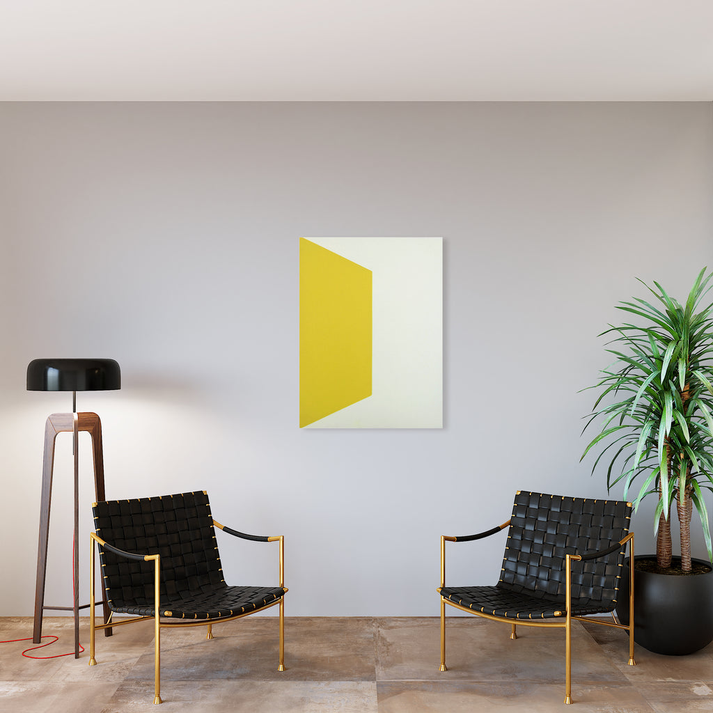The artwork 'Progress (Diptych)' features a minimalist geometric composition with a bold yellow triangular shape against a crisp white canvas, creating a striking visual contrast. The abstract oil painting employs clean lines and color blocking technique, displayed in a modern interior setting by Shyun Song.