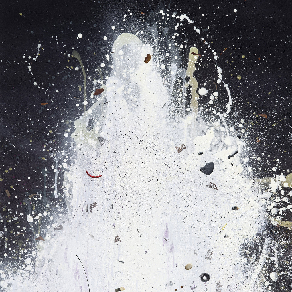 The artwork 'Night Geyser' by Theresa Bloise captures an explosive burst of white paint against a dark background, resembling a powerful geyser eruption. Small particles and debris scatter throughout the composition, creating dynamic movement and texture. The acrylic on paper piece features splattered paint techniques, contrasting bright whites with deep blacks and subtle earth tones.