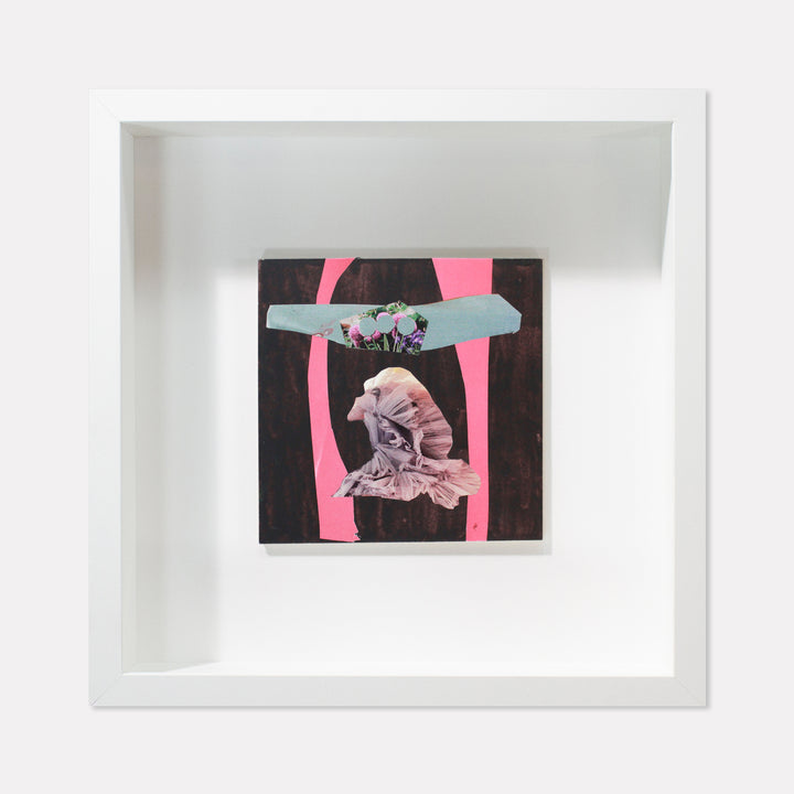 The artwork 'Fragment#08' by Winnie Sidharta features a striking collage composition with a pink ballet figure crafted from magazine cutouts, set against a dark background. A pale blue horizontal element floats above, creating depth. The 5x5 inch watercolor and mixed media piece is mounted in a clean white frame, combining delicate paper art with bold geometric shapes.