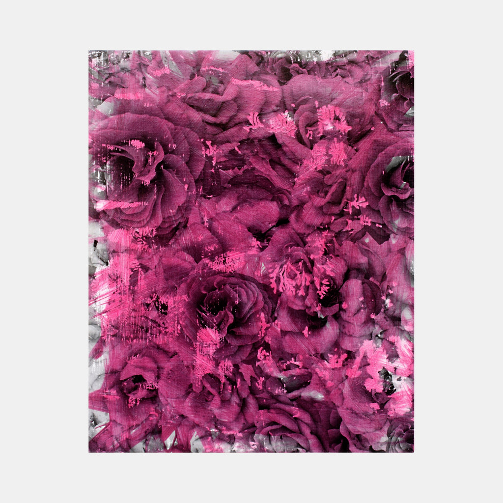 The artwork 'Magenta Roses' by Aaron Hillebrand features a vibrant mixed media composition of layered rose blooms in deep magenta and pink hues. The textured flowers create a dense, abstract pattern against a subtle grey background, painted on wood panel with expressive brushstrokes and dimensional effects. The 10x8 inch piece showcases a dramatic floral arrangement with rich depth and moody tones.