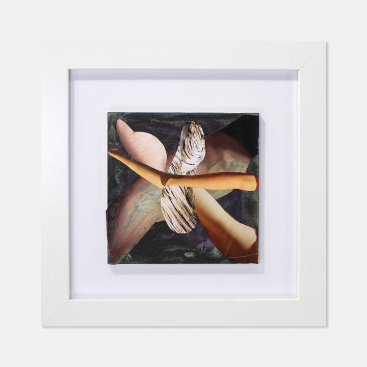 The artwork 'Fragment#09' by Winnie Sidharta features abstract collage elements combining flesh-toned magazine cutouts arranged in a cross-like formation against a dark background. The composition displays intersecting curved forms in beige and peach hues, with textural white wrapping details. Mounted in a crisp white frame, this 5x5 inch mixed media piece merges watercolor and paper elements.