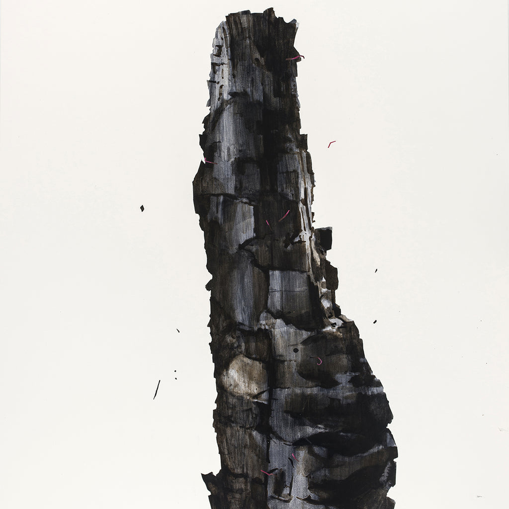 The artwork 'Burnt Wood' by Theresa Bloise features a striking vertical composition of charred, textural forms in black and gray acrylic on white paper. The central figure resembles a towering, jagged column with layered, fractured surfaces suggesting charred wood or weathered stone. The piece showcases dramatic contrasts and organic textures. 30x22 inches, acrylic on paper by Theresa Bloise.
