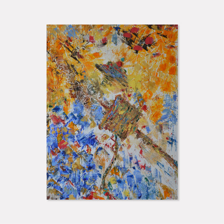The artwork 'Spin' by Rita BasuMallick features vibrant abstract expressionism with dynamic brushstrokes in orange, blue, and yellow. The composition creates a swirling motion effect with textured impasto technique, showcasing energetic color interactions and spontaneous patterns across the oil on canvas surface.