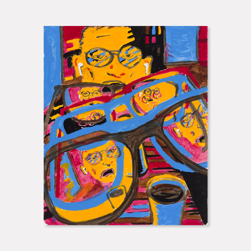 The artwork 'Person with Earbuds Talking at You' by Til Will features a vibrant expressionist composition showing reflected images in oversized glasses, rendered in bold strokes of blue, yellow, and pink acrylic paint on paper. The abstract portrait style emphasizes distorted facial reflections and a pair of white earbuds, with a dynamic interplay of curved lines and bright colors.