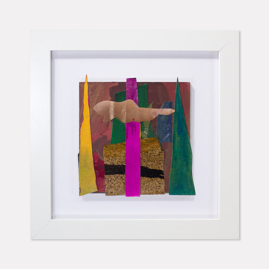 The artwork 'Fragment#10' by Winnie Sidharta features a collage composition with vibrant vertical strips in yellow, magenta, and forest green, surrounding a central beige canine figure. Magazine cutouts create textural contrast against watercolor elements, framed by a clean white border, measuring 5x5 inches on panel. By Winnie Sidharta.