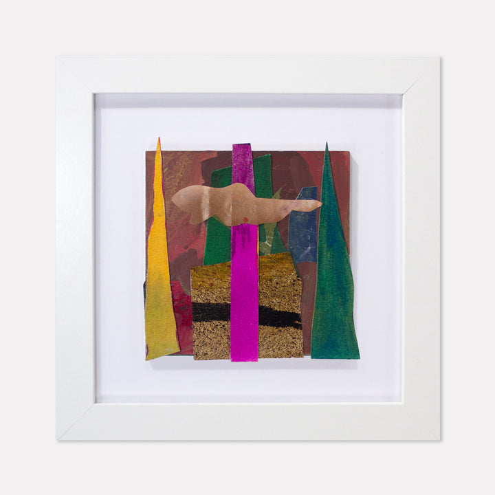 The artwork 'Fragment#10' by Winnie Sidharta features a collage composition with vibrant vertical strips in yellow, magenta, and forest green, surrounding a central beige canine figure. Magazine cutouts create textural contrast against watercolor elements, framed by a clean white border, measuring 5x5 inches on panel. By Winnie Sidharta.
