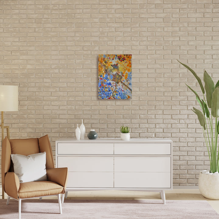 The artwork 'Spin' by Rita BasuMallick features dynamic swirls of vibrant golden yellows and electric blues intertwined in an abstract expressionist style. The oil painting showcases energetic brushstrokes creating a sense of movement and fluidity, with scattered gray undertones adding depth and dimension to the 24x18 inch canvas composition by Rita BasuMallick.