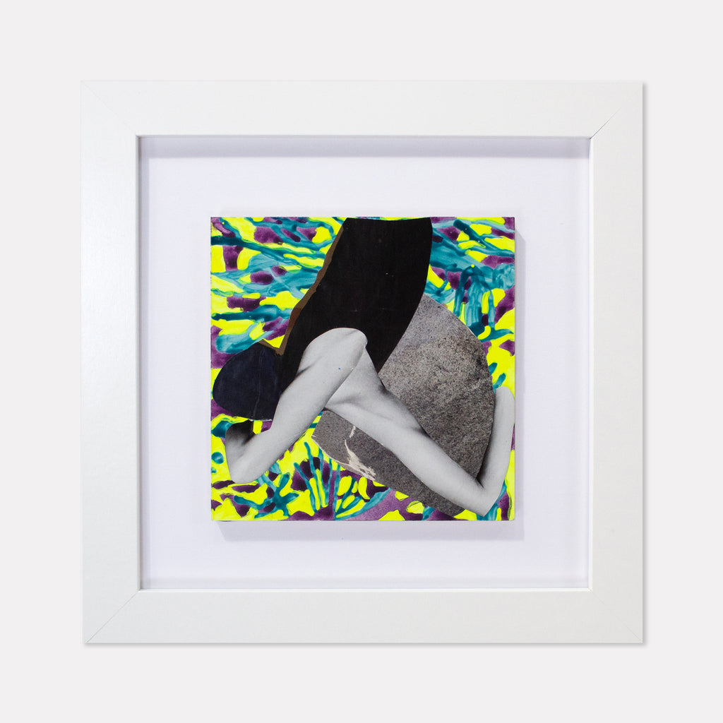 The artwork 'Fragment#11' by Winnie Sidharta features a mixed media composition combining black and white photographic elements with vibrant watercolor patterns. A monochromatic figure appears against an energetic background of neon yellow, turquoise, and blue abstract brushstrokes. The 5x5 inch panel showcases a striking contrast between the grayscale collage and dynamic color splashes.