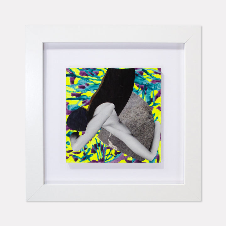 The artwork 'Fragment#11' by Winnie Sidharta features a mixed media composition combining black and white photographic elements with vibrant watercolor patterns. A monochromatic figure appears against an energetic background of neon yellow, turquoise, and blue abstract brushstrokes. The 5x5 inch panel showcases a striking contrast between the grayscale collage and dynamic color splashes.