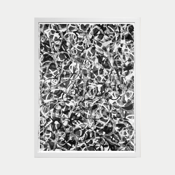 The artwork 'Gestural Pouring #7' by Eric Jiaju Lee features a dynamic black and white abstract composition with intricate flowing patterns. Sweeping brushstrokes create an energetic network of interwoven lines and curved shapes, suggesting fluid movement across the framed Bristol paper. The monochromatic palette emphasizes the dramatic contrast and gestural expressionism of the acrylic medium.