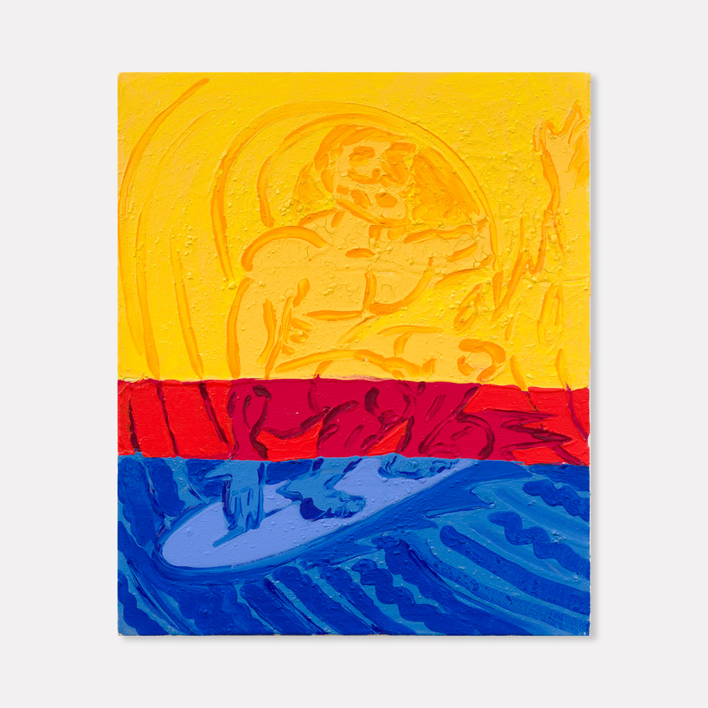 The artwork 'Surfer (dipped in primary)' by Til Will features a dynamic composition divided into three horizontal bands of primary colors. A textured golden yellow top section contains an embossed figure riding a wave, a vibrant red middle stripe, and a cobalt blue bottom depicting stylized ocean waves in bold, flowing brush strokes on acrylic canvas.