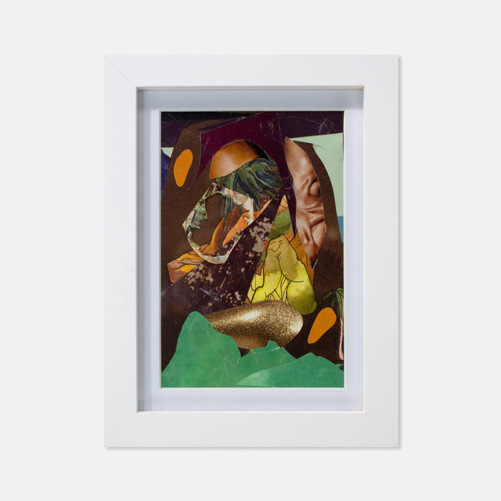 The artwork 'Fragment#12' by Winnie Sidharta features a dynamic mixed-media collage combining watercolor and magazine cutouts. Abstract forms in rich brown, green, and golden hues create a surreal composition. The piece includes organic shapes, textural elements, and a distinctive gold metallic accent against emerald green backgrounds, all arranged within a crisp white frame, measuring 4x6 inches.