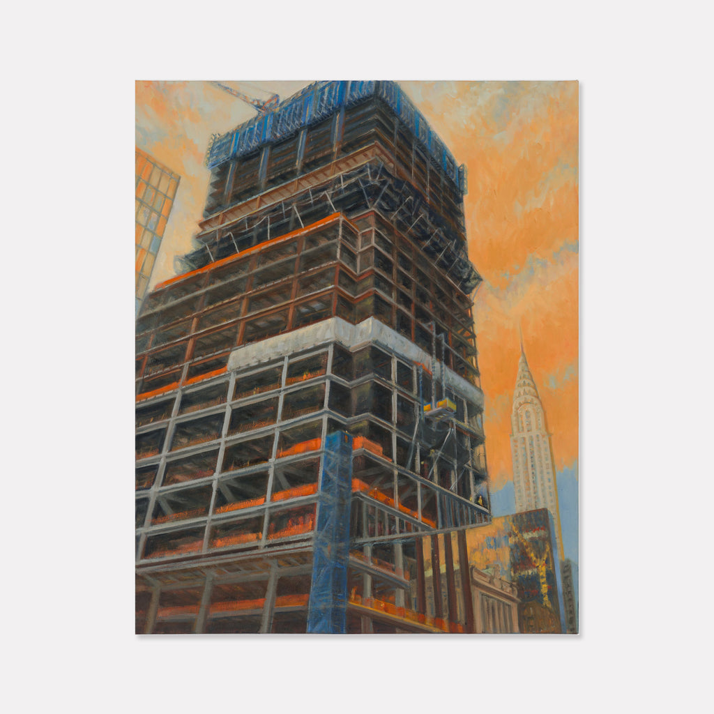 One Vanderbilt Rising, Summer 2018 by Gwyneth Leech: Oil painting depicting a towering skyscraper under construction with exposed steel framework against a vibrant orange sunset sky. The iconic Chrysler Building appears in the background, while construction scaffolding and blue safety netting wrap the rising structure. The dramatic urban composition captures the architectural evolution of Manhattan's skyline.