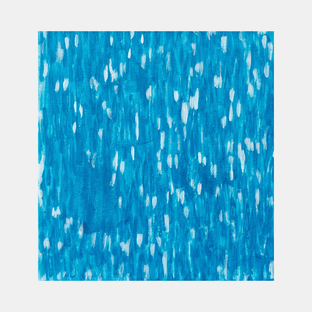 The artwork 'Cerulean' by Aaron Hillebrand features a vibrant abstract composition with dynamic brushstrokes in bright turquoise blue and white. White droplet-like marks scatter across the canvas creating a sense of movement and rhythm against the deep cerulean background. This 12x12 inch acrylic painting showcases a unique pattern reminiscent of falling rain or scattered light.