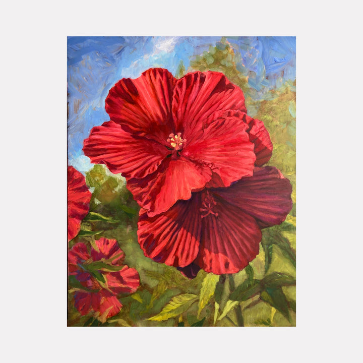 The artwork 'Hibiscus' by Elody Gyekis features vibrant red hibiscus blooms against a blue sky background. The oil painting showcases detailed flower petals with delicate veining, rich crimson tones, and natural shadowing. Green foliage complements the blooms, while textured brushstrokes create depth and movement throughout the 12x12 inch panel.