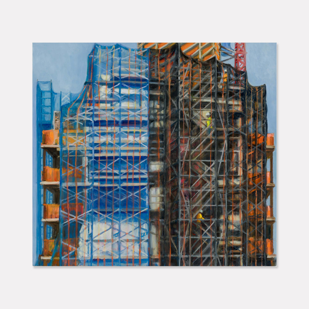 The artwork 'Cocoon for Façade Replacement, Chelsea' by Gwyneth Leech captures an urban construction site with intricate scaffolding in vibrant blue and rusty orange tones. The oil painting on wood panel depicts geometric patterns of metal framework against a pale blue sky, showcasing architectural transformation through layered industrial structures.