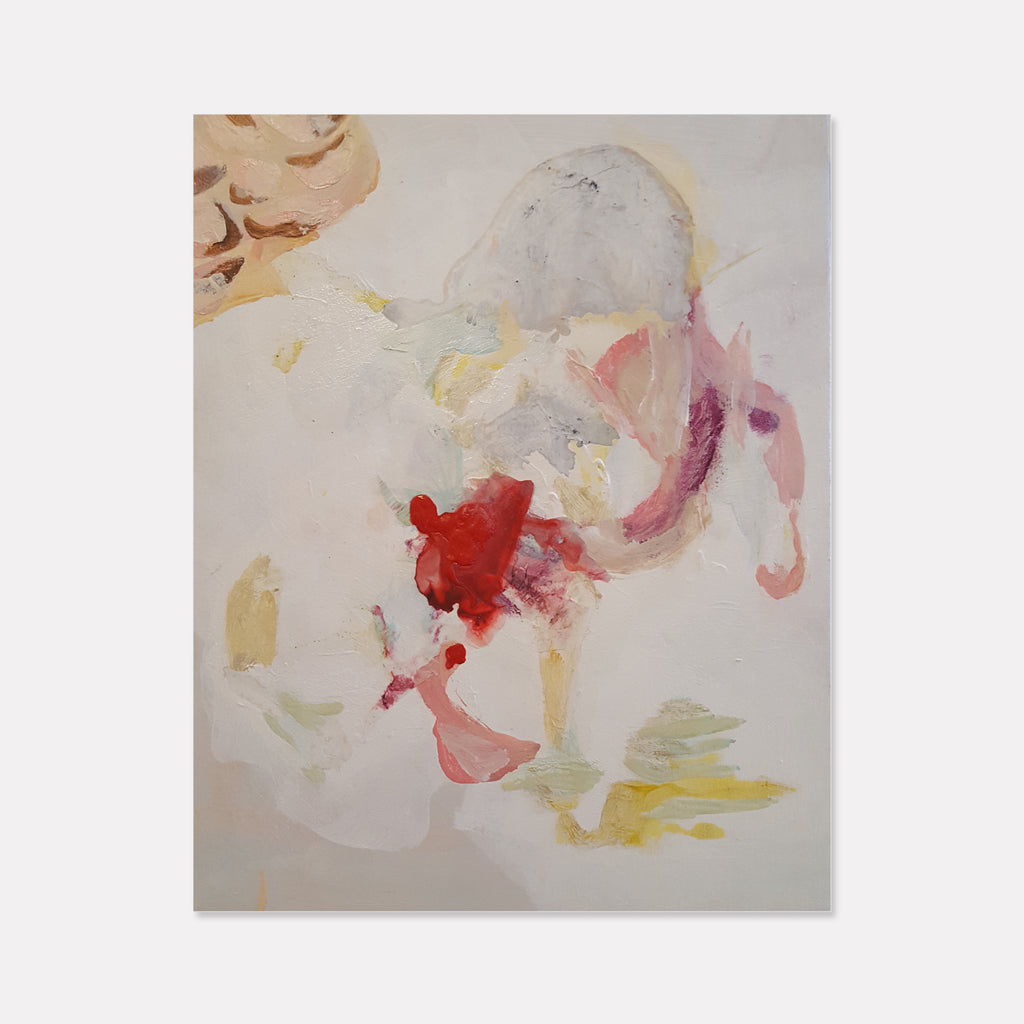 The artwork 'Tinkerbell: Silvermist' by Linda Lee Nicholas features delicate brushstrokes in soft pink, white, and yellow hues with bold red accents. Abstract expressionist composition on canvas combines oil and acrylic paint, creating ethereal, floating forms that suggest magical movement and lightness. By Linda Lee Nicholas.