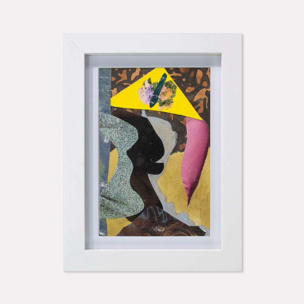 The artwork 'Fragment#14' by Winnie Sidharta features an abstract collage combining watercolor and magazine cutouts on panel. Bold geometric shapes in yellow, pink, and black create a dynamic composition against textured backgrounds. Organic forms merge with angular elements, while muted earth tones contrast with vibrant accent colors in this 4x6 inch mixed media piece.