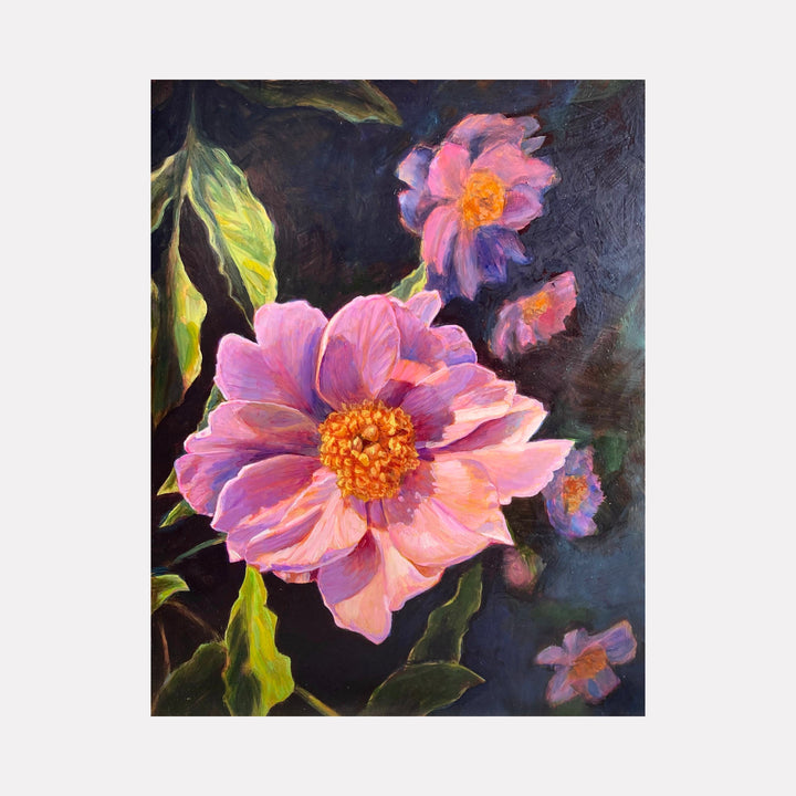 The artwork 'Peony' by Elody Gyekis features vibrant pink peonies with orange centers against a deep navy background. Oil painting on panel showcases delicate petals with luminous highlights, accompanied by bright green leaves. Dramatic contrasts and realistic botanical details create depth and movement in this 12x12 inch floral composition by Elody Gyekis.