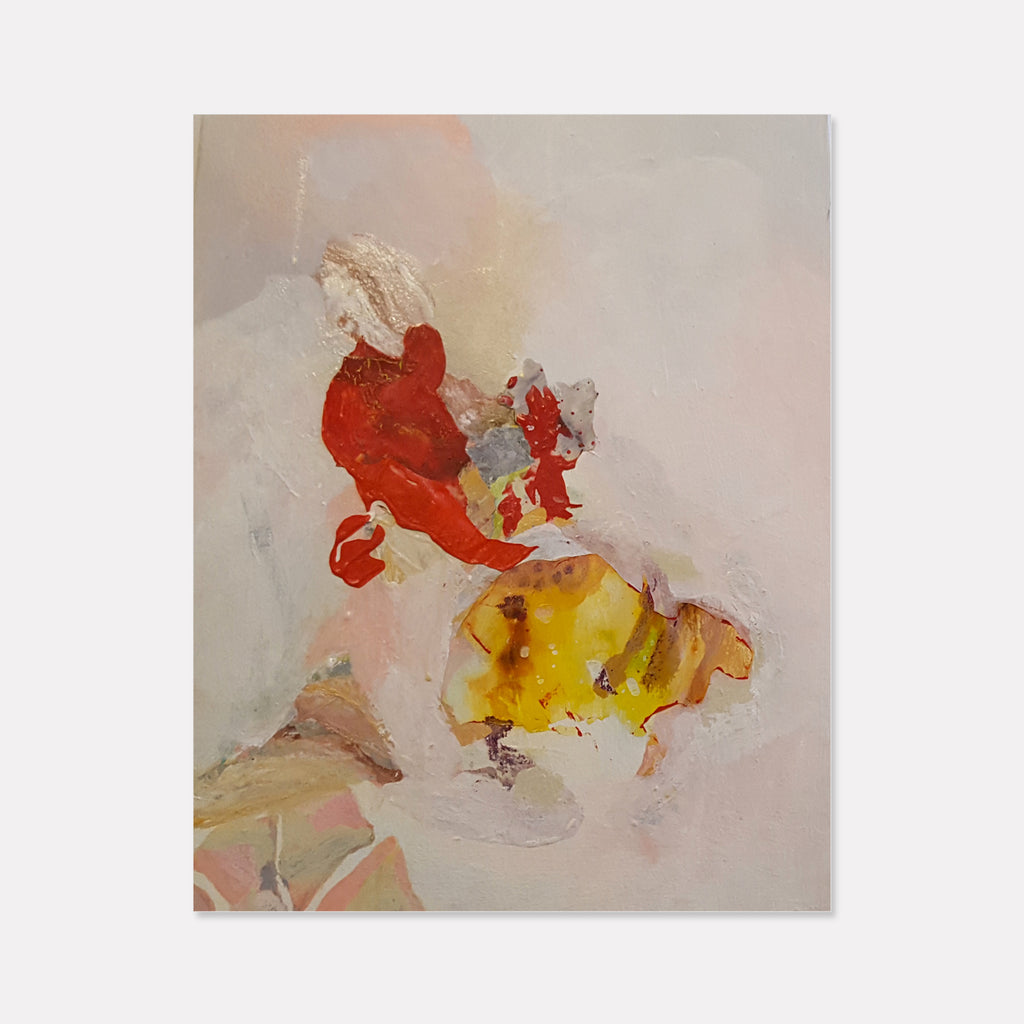 The artwork 'Tinkerbell: Rosetta in Pixie Hollow' by Linda Lee Nicholas features vibrant splashes of red and yellow against a soft blush background. Abstract brushstrokes create an ethereal, flowing composition with delicate white wisps suggesting magical movement. Oil and acrylic on canvas blend seamlessly in this whimsical 20x16 inch piece by Linda Lee Nicholas.