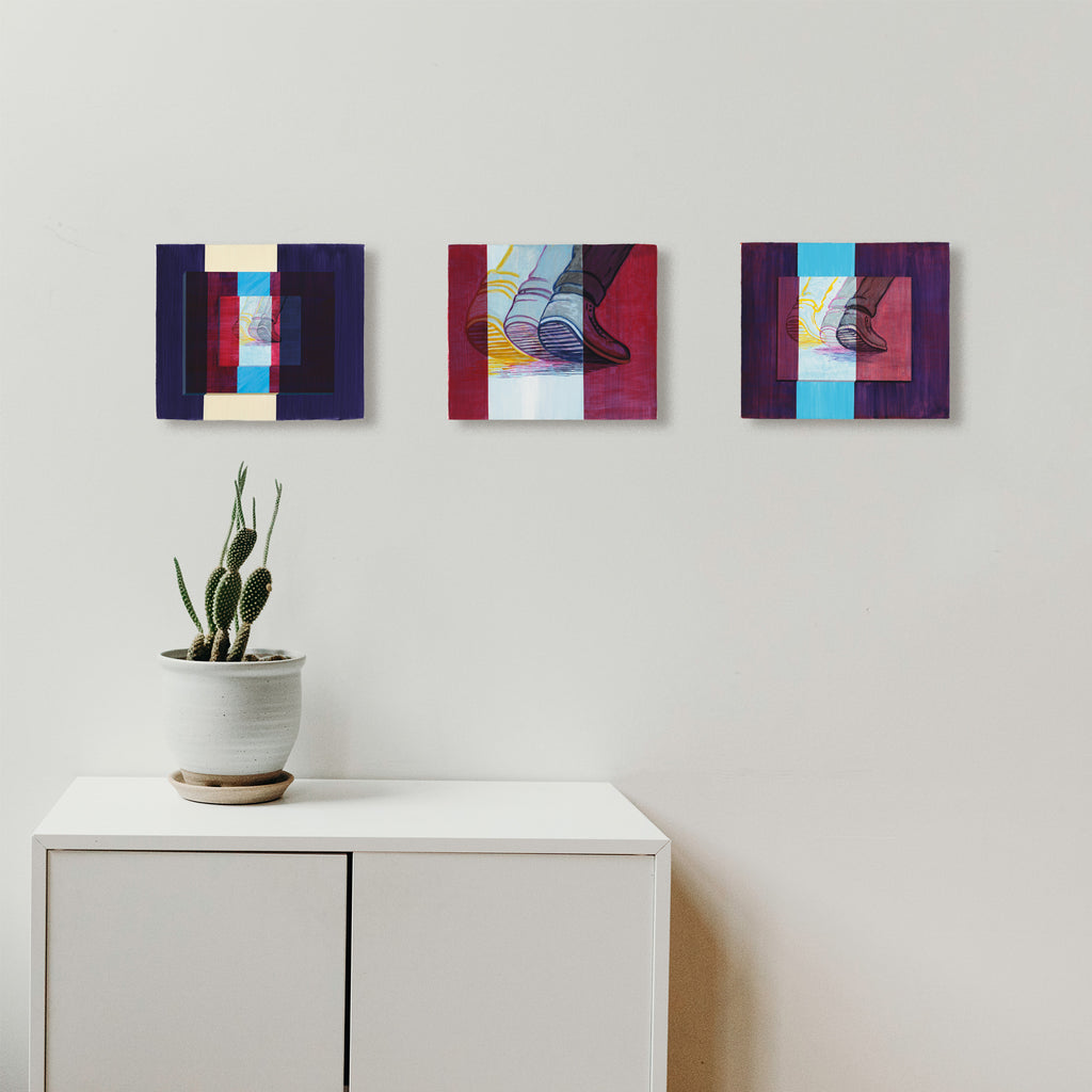 Light Gray triple shoe painting in three light scenarios (triptych)