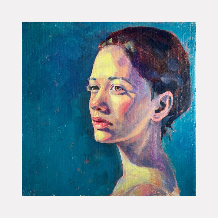 The artwork 'Laurel' by Elody Gyekis features a portrait painted in vibrant oils against a deep turquoise background. The composition showcases expressive brushwork with rich purple and yellow tones creating dramatic lighting effects. The oil on panel technique adds texture and depth to this 12x12 inch contemporary portrait piece by Elody Gyekis.