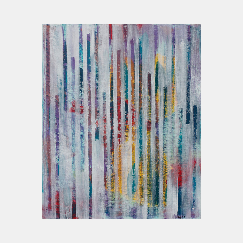 The artwork 'Teal' by Aaron Hillebrand features vertical stripes in watercolor-like textures, blending teal, purple, yellow, and red hues. Abstract composition with translucent layers creates a rhythmic pattern, reminiscent of rain or curtains. Acrylic on art board showcases delicate brushwork and ethereal color transitions.