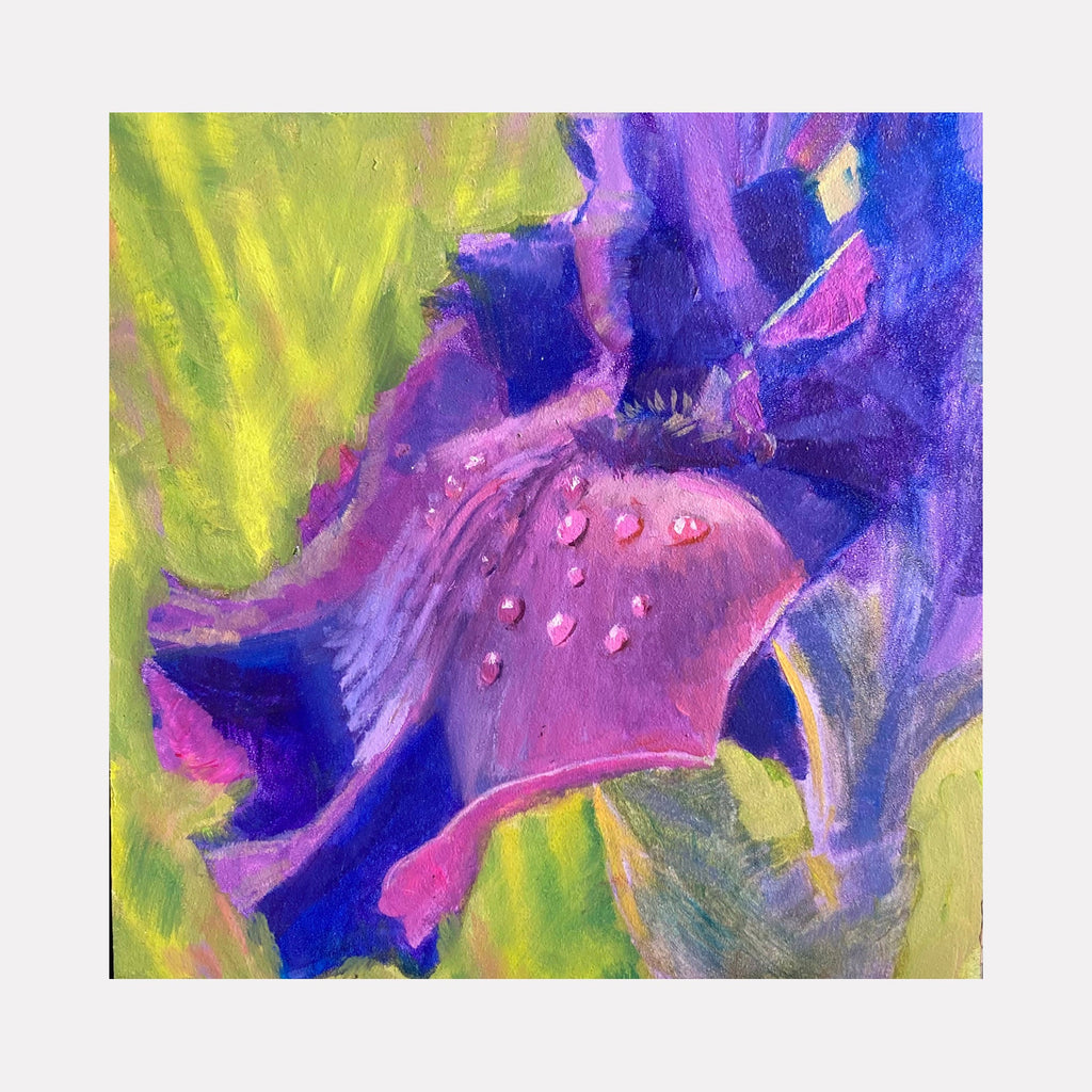 The artwork 'Iris Dew' by Elody Gyekis features a vibrant close-up of an iris petal with delicate dewdrops, painted in rich purple and pink hues against a luminous chartreuse background. The oil painting captures the intricate texture and translucent quality of the flower petal, with dramatic contrasts between deep indigo shadows and bright pink highlights.
