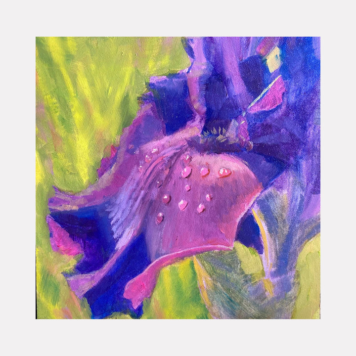 The artwork 'Iris Dew' by Elody Gyekis features a vibrant close-up of an iris petal with delicate dewdrops, painted in rich purple and pink hues against a luminous chartreuse background. The oil painting captures the intricate texture and translucent quality of the flower petal, with dramatic contrasts between deep indigo shadows and bright pink highlights.